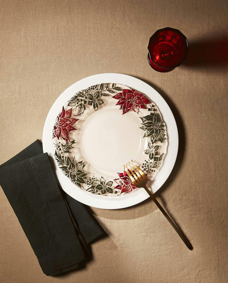 PRATO DE SOBREMESA DE VIDRO COM ESTAMPA DE POINSETTIA