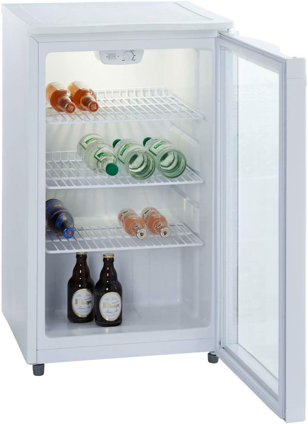 PKM GKS102 Glastür-Kühlschrank | Getränkekühlschrank | Flaschenkühlschrank | 102 Liter | 85 cm hoch | Wechselbarer Türanschlag | Höhenverstellbare Füße | 42 dB