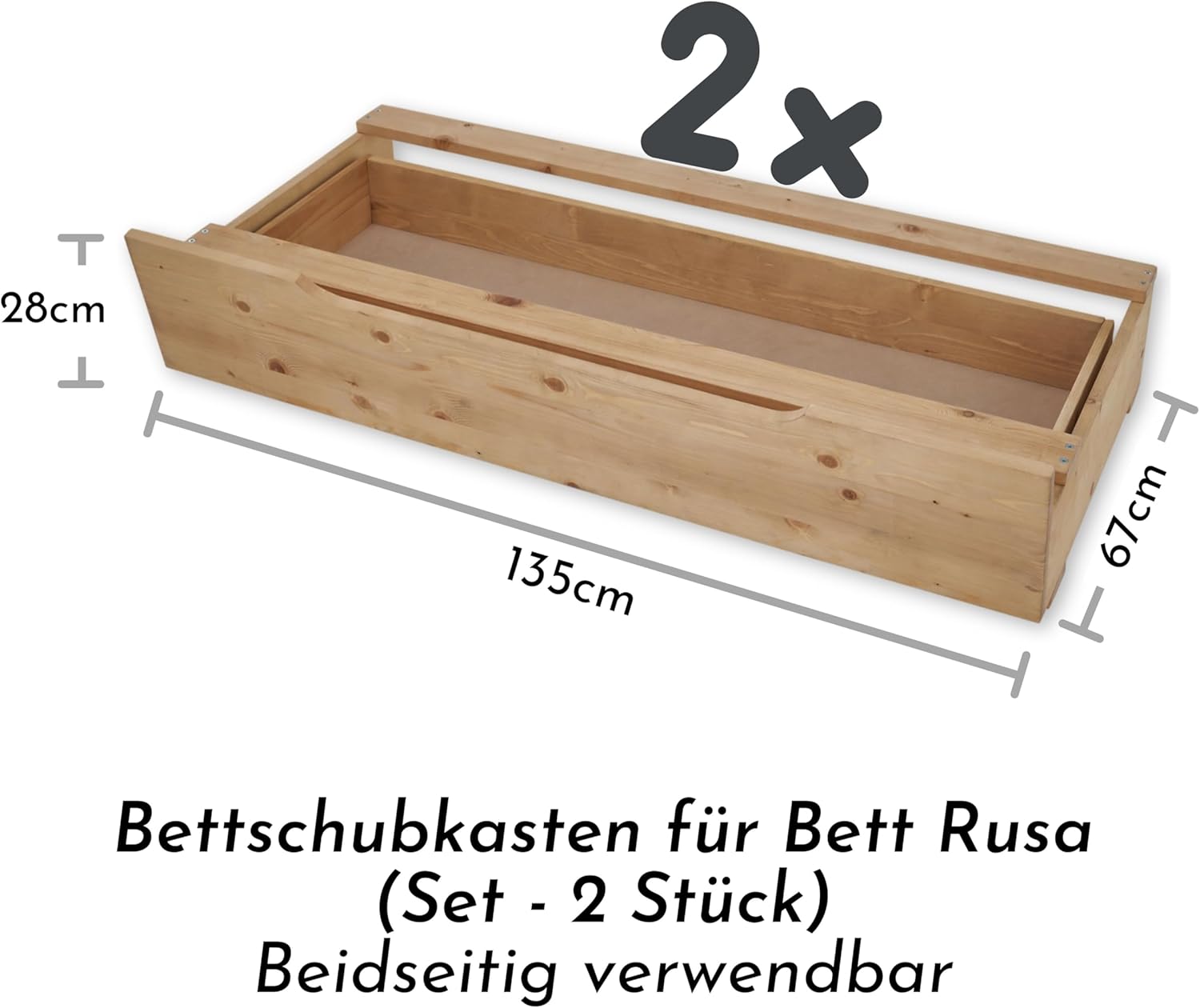 2x Bettkästen passend zum Bett RUSA - ideal für zusätzlichen Stauraum - Bettschubkästen aus massiver Fichte - 135 x 28 x 67 cm (B/H/T)