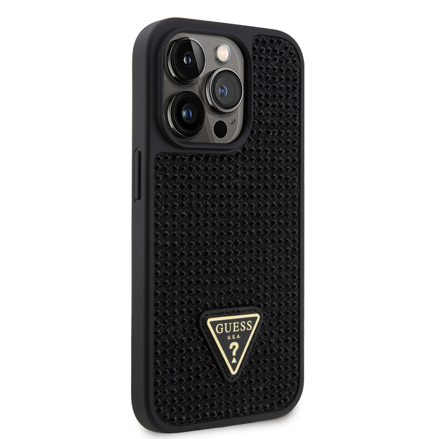 iPhone 14 Pro Hybrid Hardcase Hülle Rhinestone Triangle (GUHCP14LHDGTPK) - Schwarz