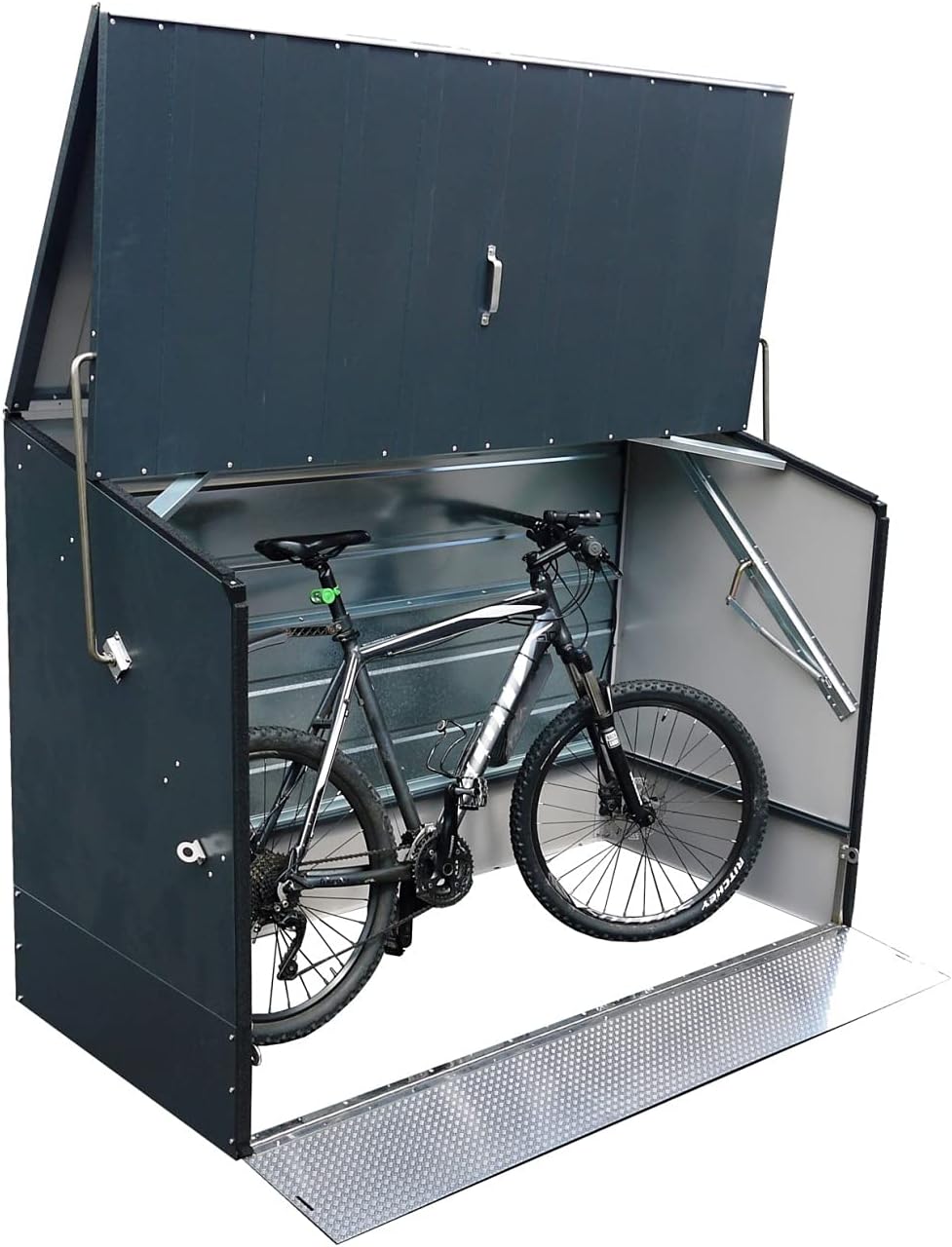 Trimetals Fahrradbox aus Stahl mit klappbarer Einfahrtsrampe & Deckelöffnung – abschließbarer Fahrradschuppen für bis zu 3 Fahrräder – wetterfest & robust – ca. 196 x 89 x 133 cm