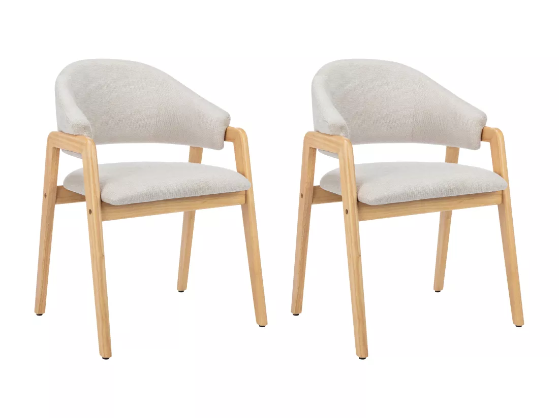 Lot de 2 chaises avec accoudoirs en tissu et bois d'hévéa - Beige et Naturel - SOLUNA