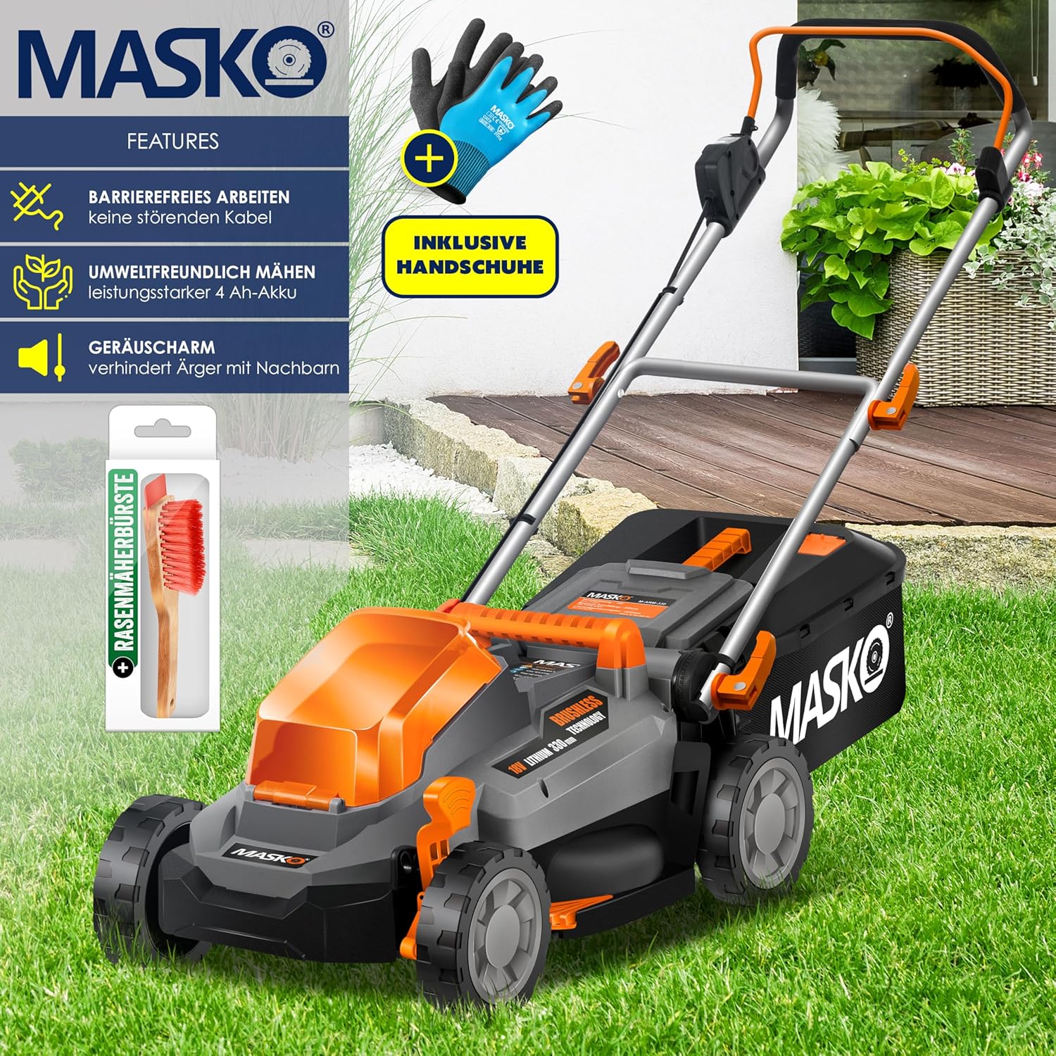 MASKO® Akku Rasenmäher mit Mulchfunktion, Akku Li-Ion Batterie 4Ah & Ladegerät Rasentrimmer 33cm Schnitt-Breite 5X Höhenverstellbar 30L Fangkorb Flächen bis 150m² inkl. Handschuhe & Bürste