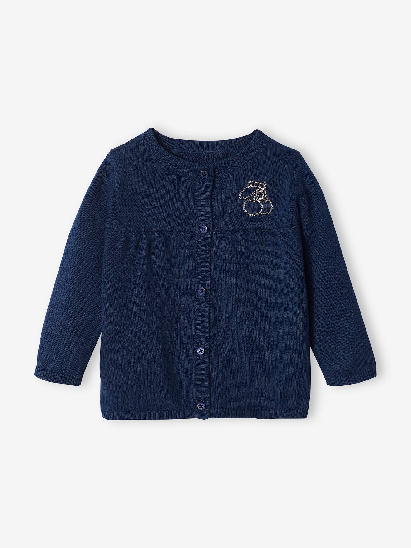 Casaquinho infantil liso azul escuro com emblema de cereja