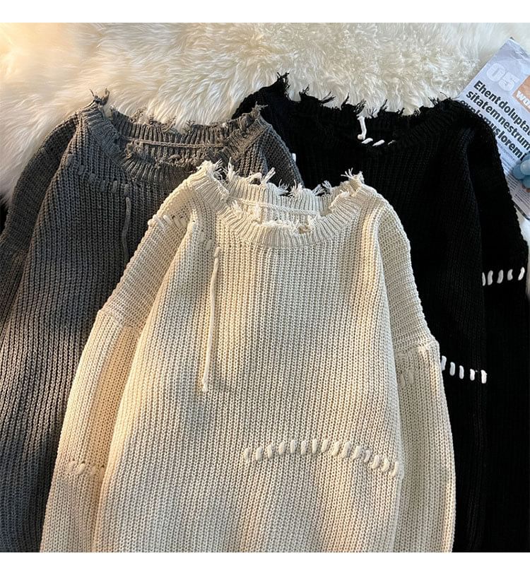 Sinlarity - Ronde hals effen trui met distressed effect