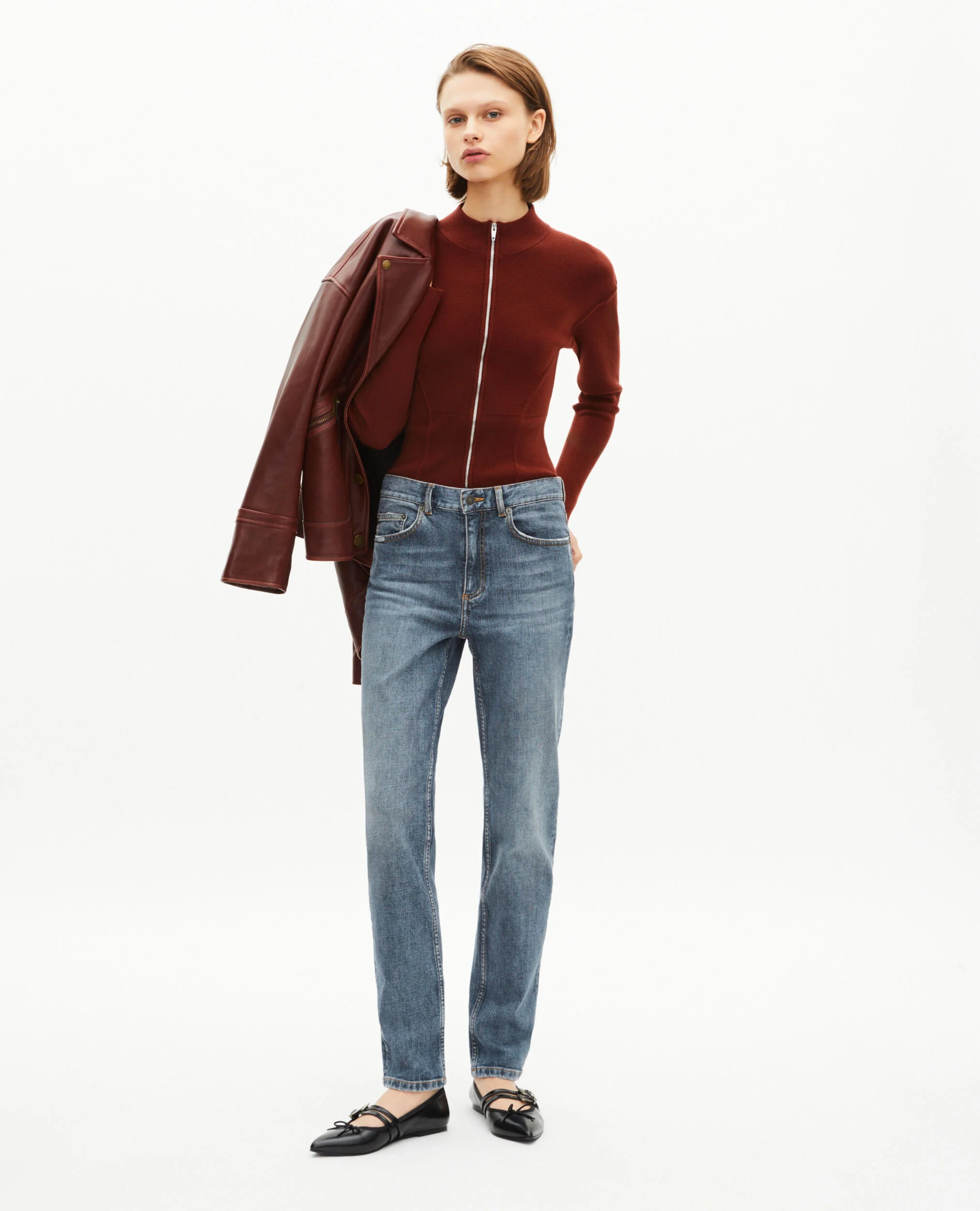 Cardigan à zip en laine mélangée bordeaux