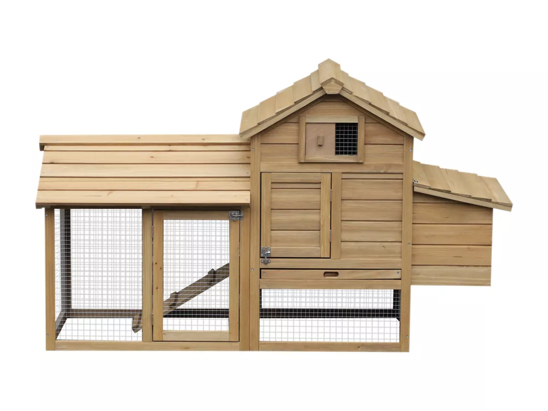 Petit poulailler cottage cage à poules sur pied dim. 151L x 54l x 87H cm multi-équipement bois massif de pin