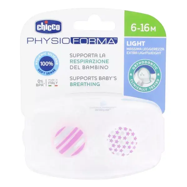 Chupeta Chicco Physio Light de Silicone com Coruja Rosa e Estrelas, Tamanho 6-16 meses, 2 unidades