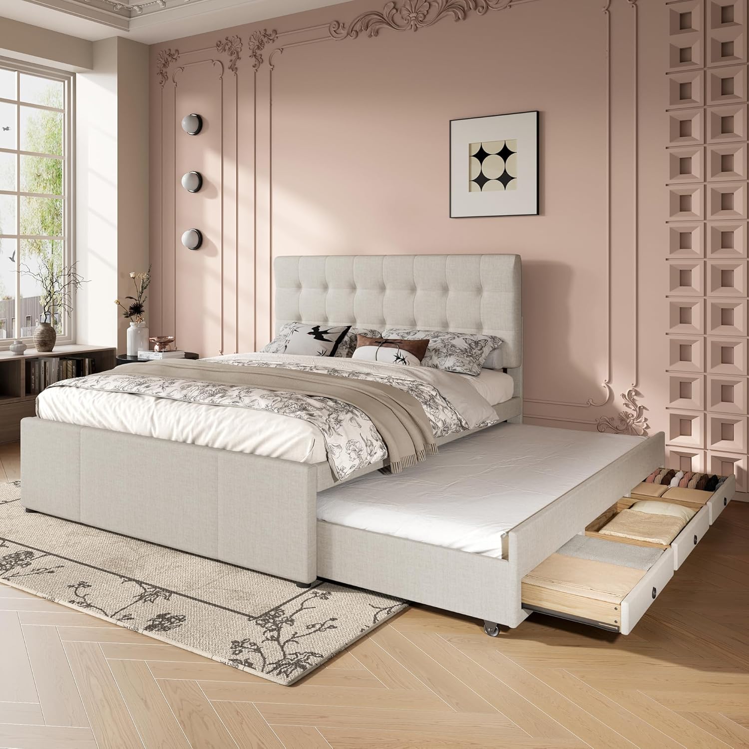 Polsterbett 140 * 200cm, Doppelbett mit 3 Schubladen, Bettrahmen mit 90x190 Ausziehbares Bett, Verstellbares Kopfteil, Familienbett, Leinen, ohne Matratze(Beige, 140x200CM) XF9192723