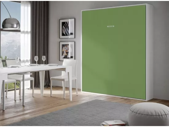 Lit escamotable vertical frêne blanc et porte verte kanto 160x190
