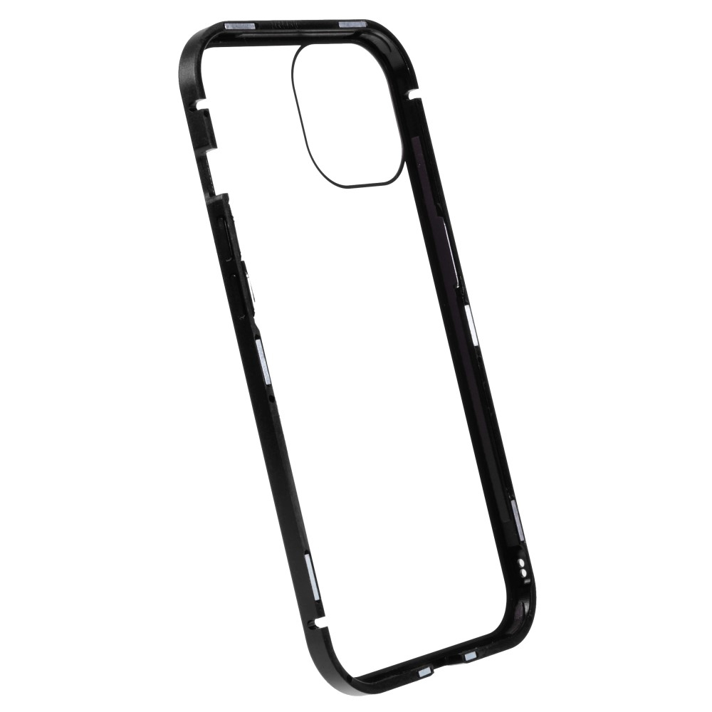 iPhone 14 Magnetische Alu Schutzhülle mit Panzer Glas Backcover   Privacy Glas Displayschutz (Magnet-Technologie) - Schwarz