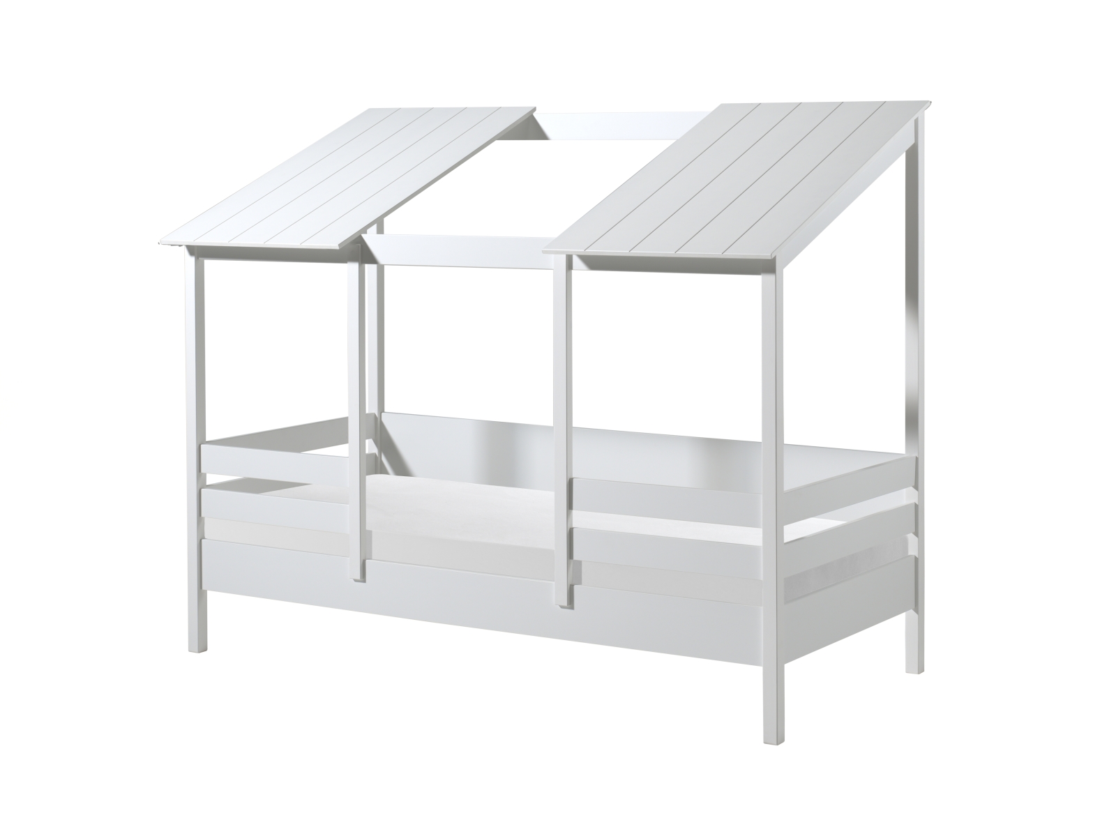 Hausbett-Set - weiß - mit Rollrattenrost - geteiltes Dach - 90x200 cm