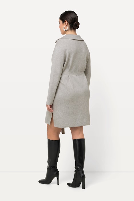 Strickkleid, Gürtel, Hemdkragen, V-Ausschnitt, Langarm