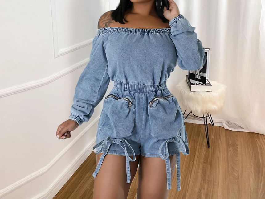 BrickBlack - Lange mouwen off-shoulder denim romper met wijde pijpen