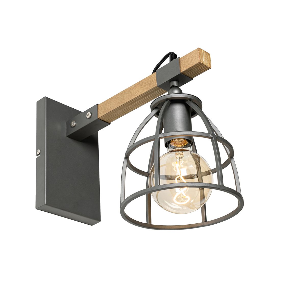 Industriële wandlamp donkergrijs met hout verstelbaar - Arthur