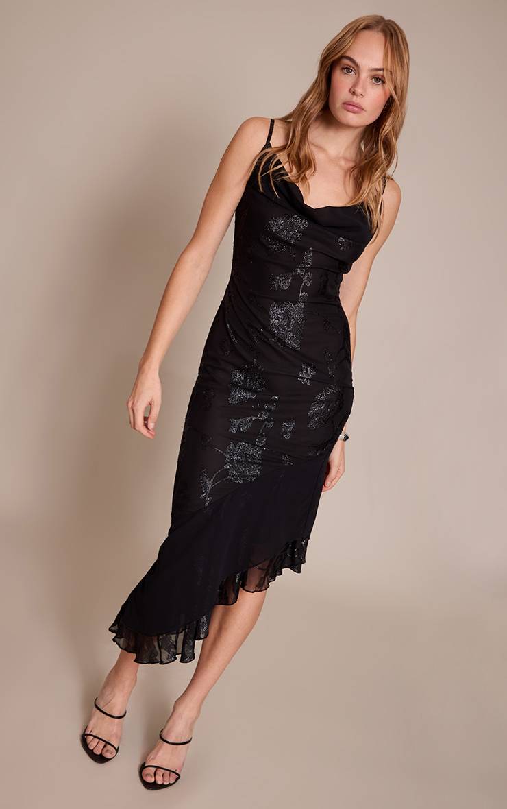 Noir Robe Midaxi En Mousseline À Détails Floraux