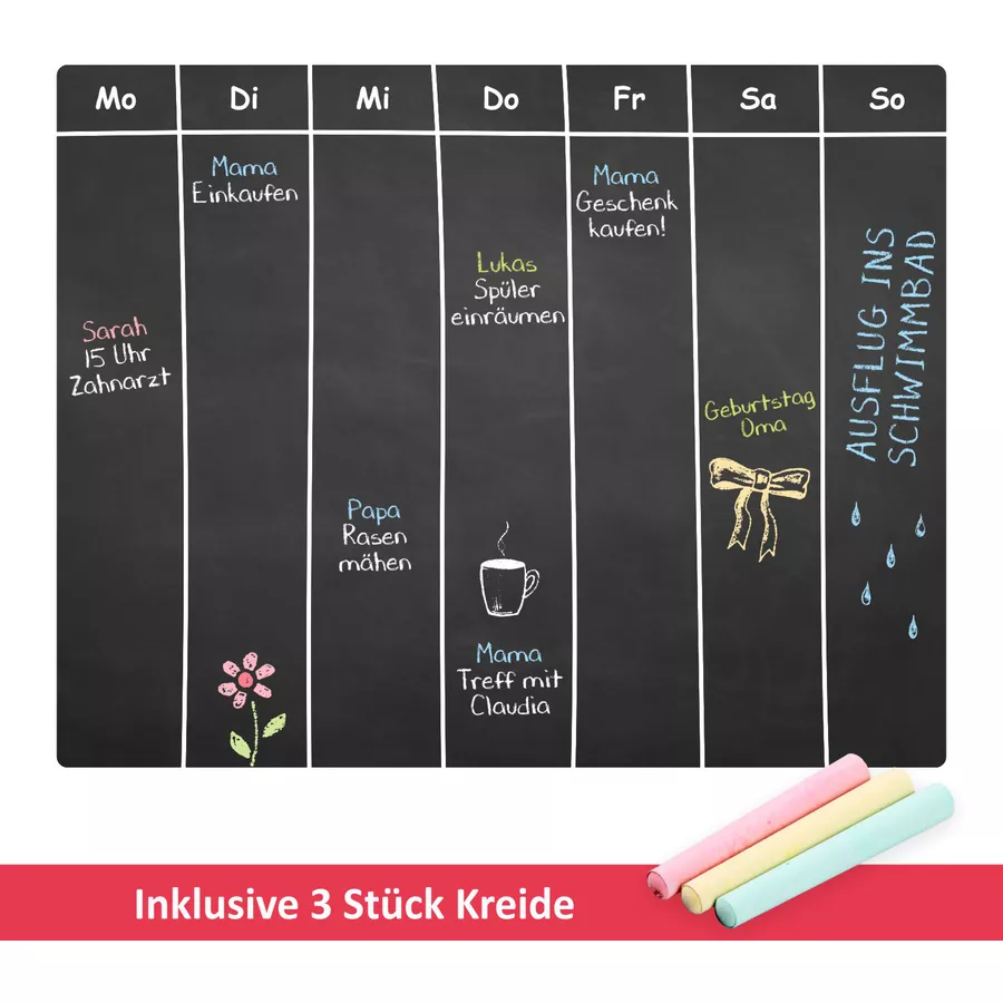 Nikima Wandtattoo 022 Wochenplaner - selbstklebende Tafelfolie Kreidefolie inkl. 3 Stück Kreide schwarz