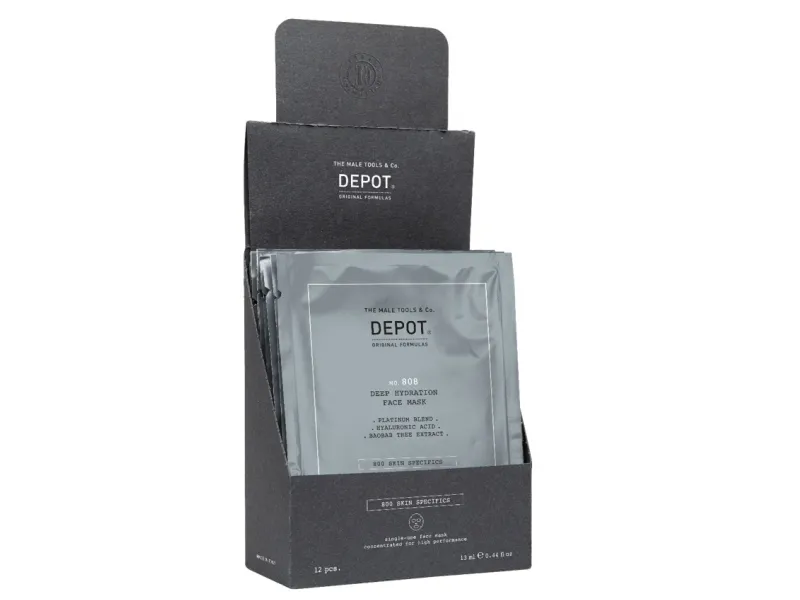 Milk Shake Set, Depot, 800 Skin Specifics No. 808, Hyaluronic Acid, Deeply Hydrating/Soothing & Revitalizing, Sheet Mask, For Face, Day, 12 pcs, 13 ml For Men