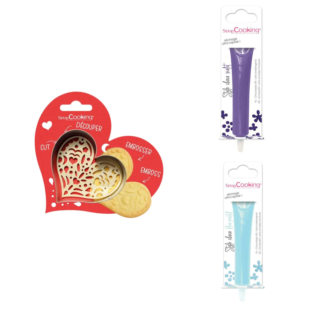 Kit pour biscuit en relief Coeur + 2 Stylos au chocolat violet et bleu