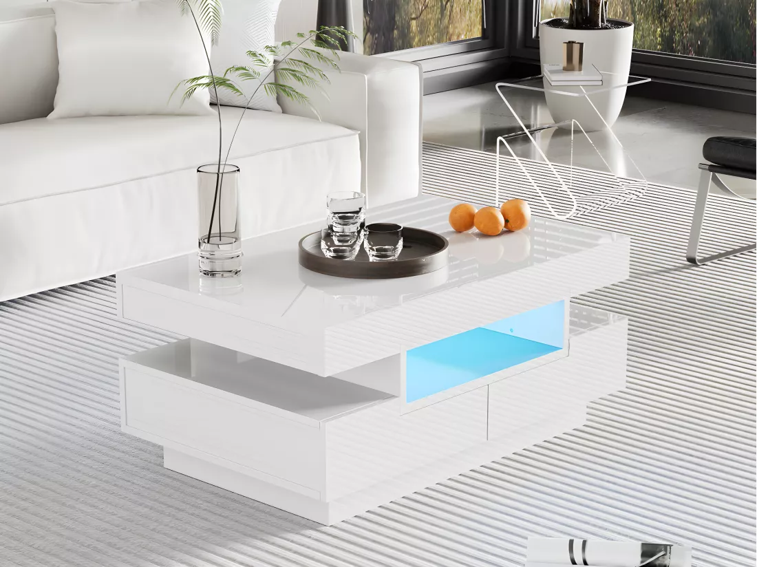 Table basse avec LED - finition brillante - 4 tiroirs avant et arrière - Blanc