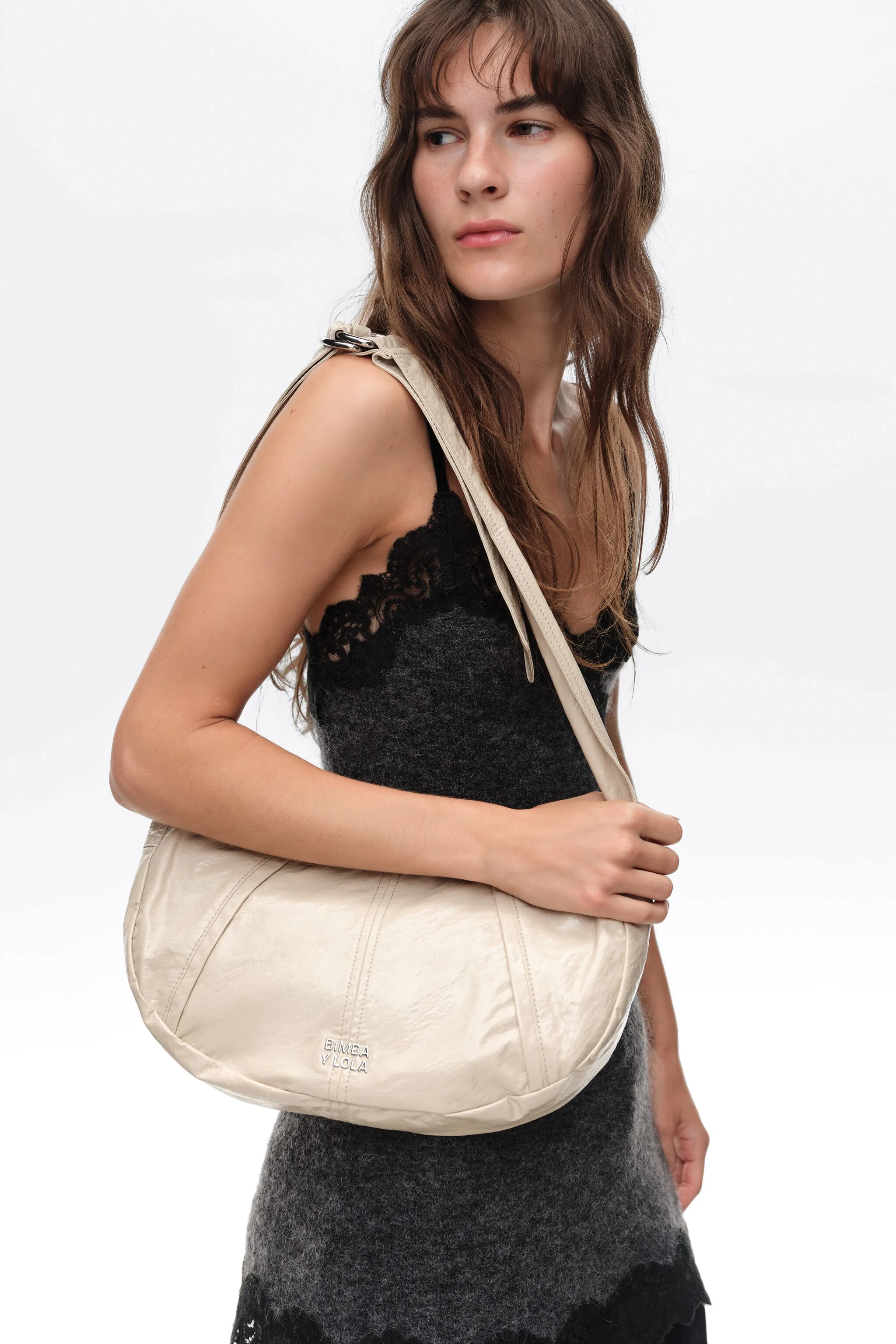 Bolsa Moon tamanho médio, bege brilhante