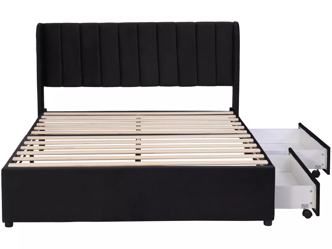 Lit avec 2 tiroirs - 140 x 200 cm - velours - sommier à lattes - coloris noir