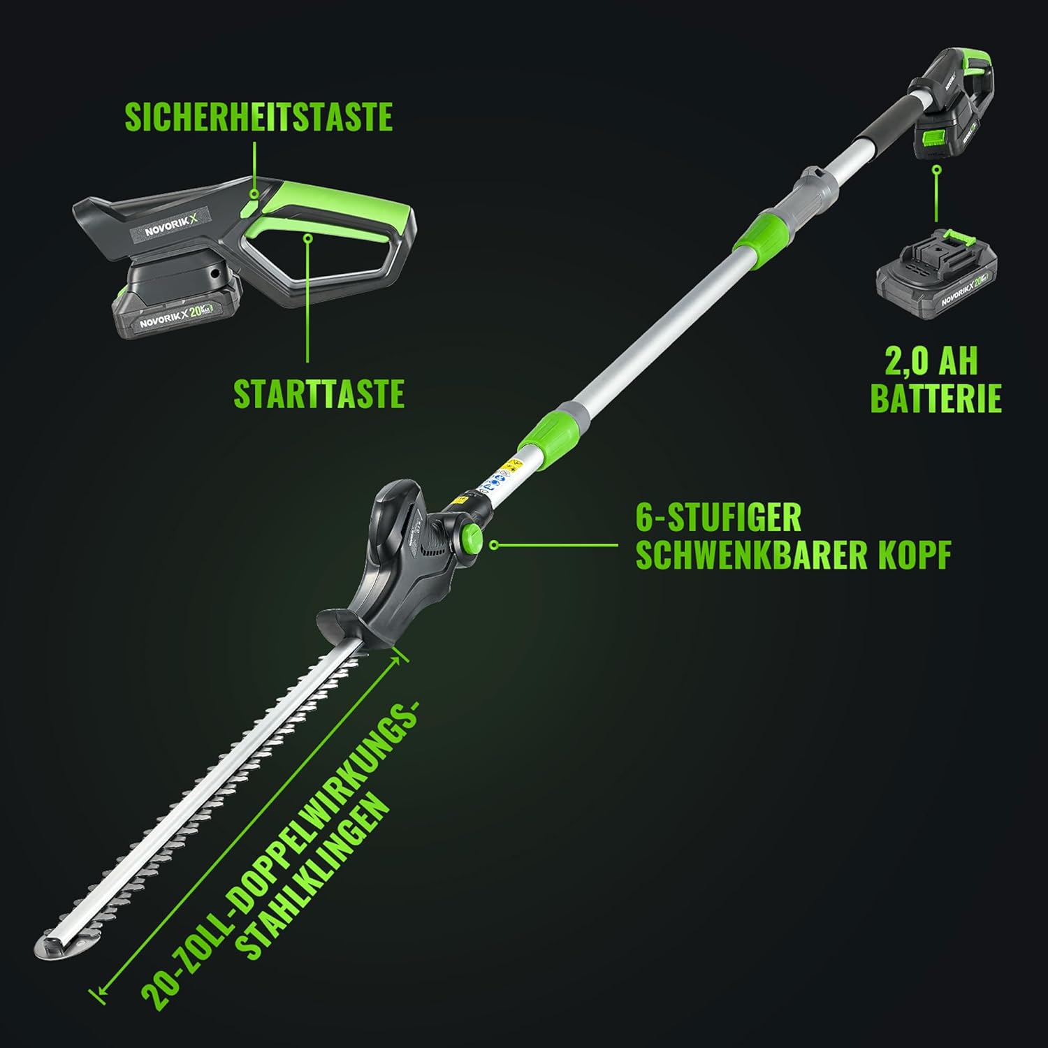 Stab-Heckenschere, kabellos, 20 V, mit batteriebetriebener 50,8 cm elektrischer Heckenschere, 3 m Reichweite, mit Verlängerungsstange, mehrere Winkel zum Beschneiden von Sträuchern
