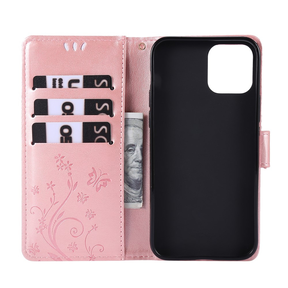 iPhone 12 / iPhone 12 Pro Leder Tasche mit Kartenfach   Handschlaufe Butterfly Flowers - Rosa