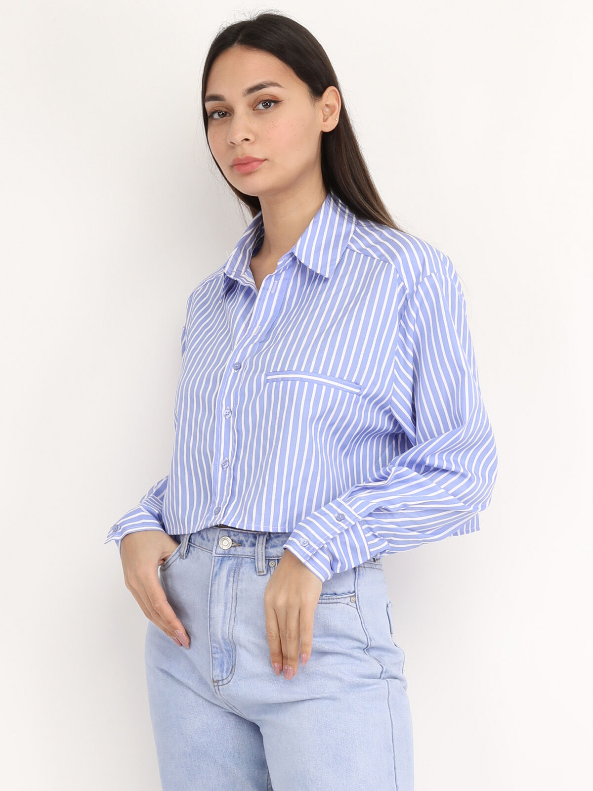 Chemise cropped à rayures- Bleu