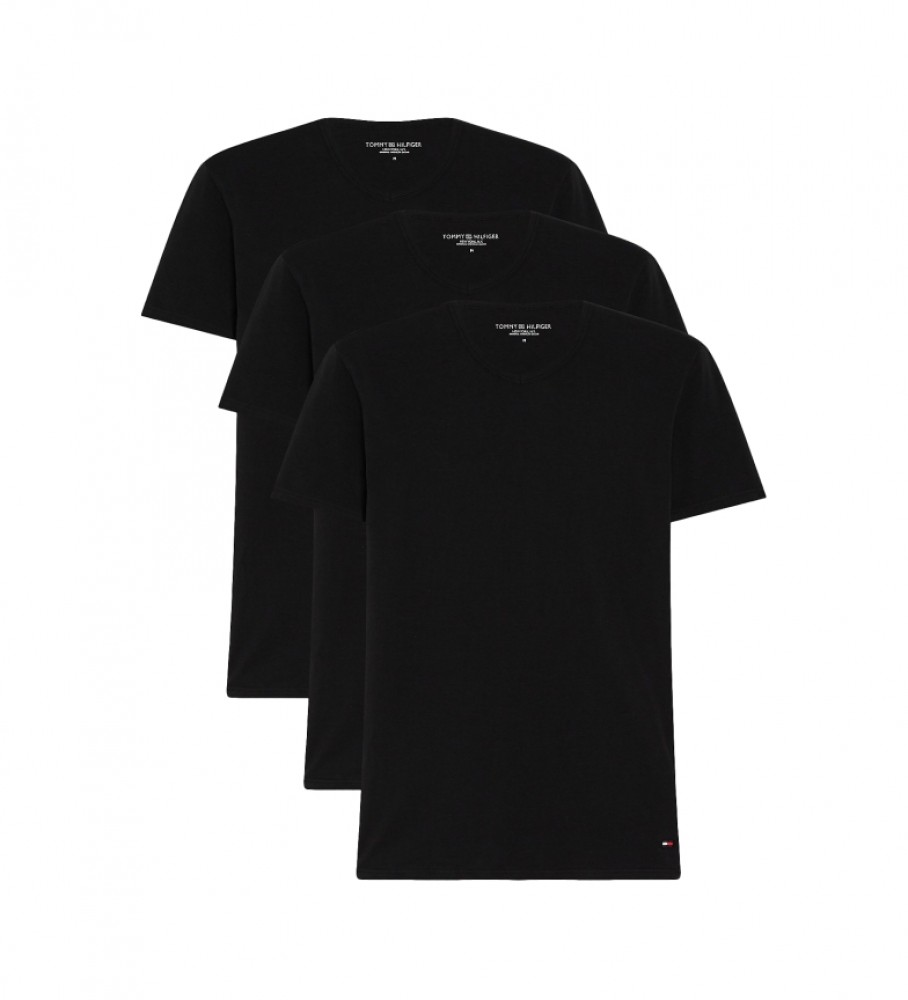 Conjunto de 3 camisetas Tommy Hilfiger com decote em V, pretas.