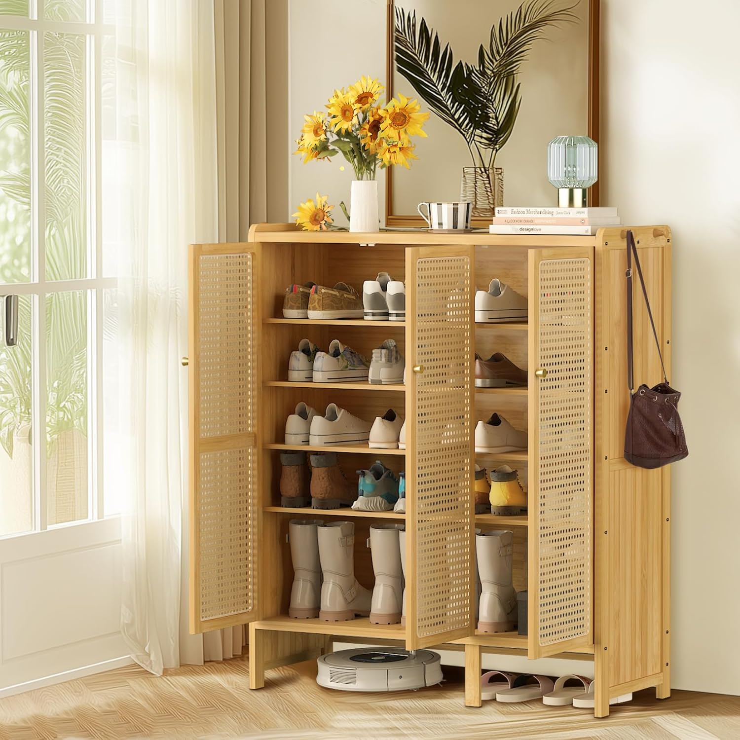 unho Meuble Chaussure d'Entrée en Bambou: Rangement Chaussure avec 5 Étagères Armoire à Chaussures avec 4 Crochets Design - 90.5 × 35 × 107 cm AK3268739