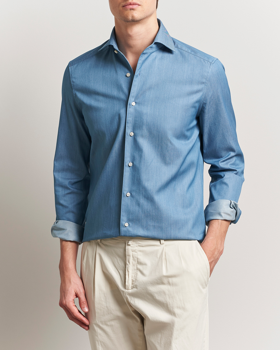 Stenströms 1899 Slim One Piece Collar Cotton Denim Shirt Mid Blue