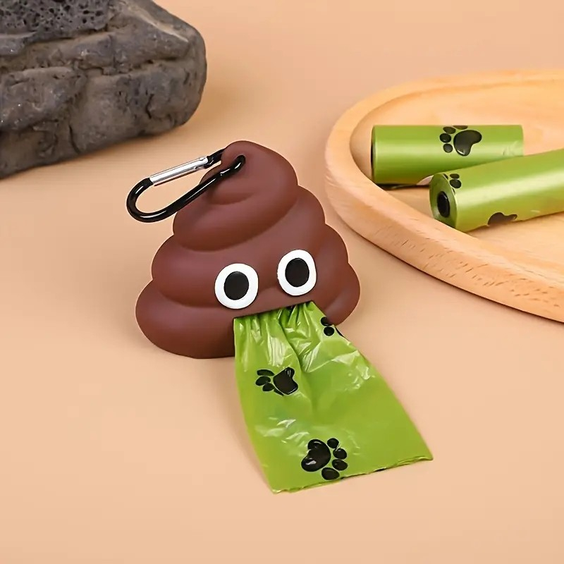 (9x8cm) Silikon Hundekot Beutel Emoji Poop Spender Müllsackhalterung mit Karabiner Haken inkl. Müllbeutel Rolle - Kackhaufen