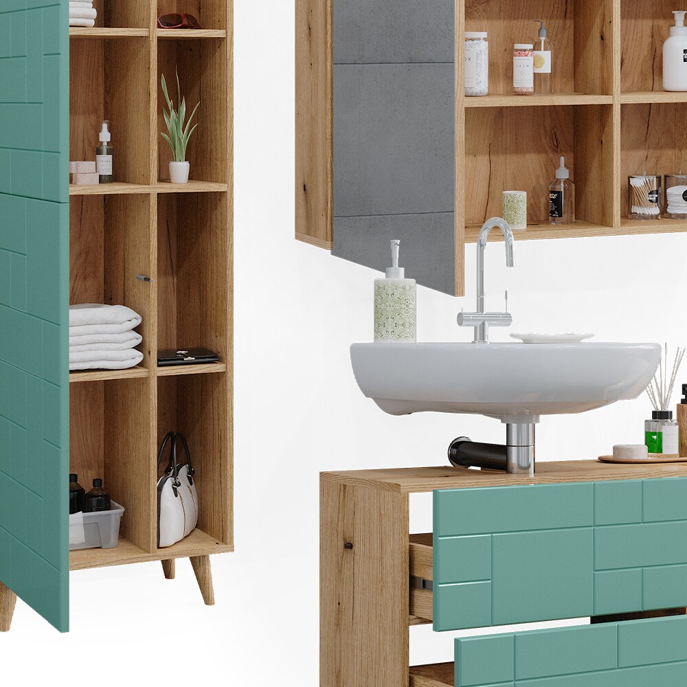 Vicco Badmöbel-Set Rudi in Eiche Evoke Mintgrün, Badezimmer, moderne Badserie Waschbeckenunterschrank Spiegelschrank Hochschrank