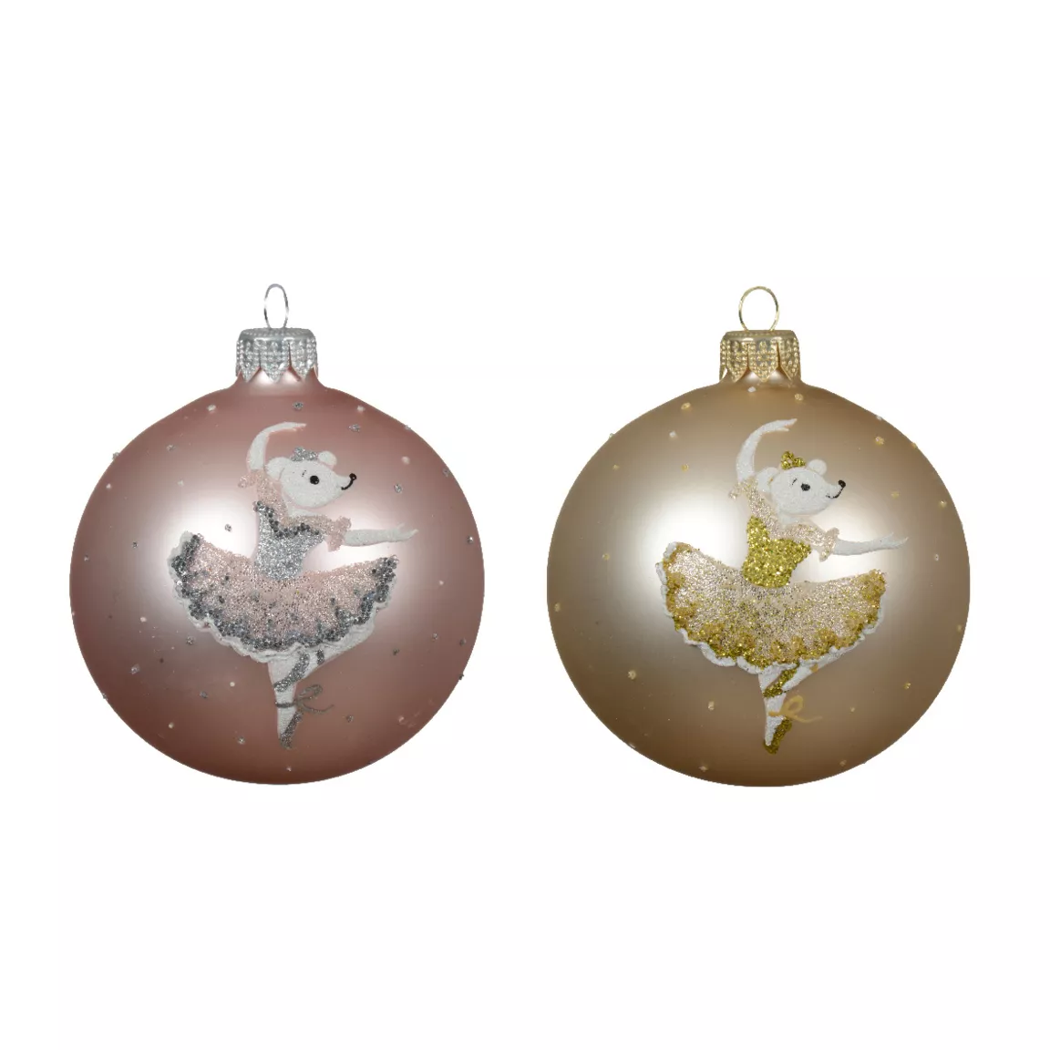 Lot de 6 boules de Noël en verre (D80 mm) Ballerines Rose et perle