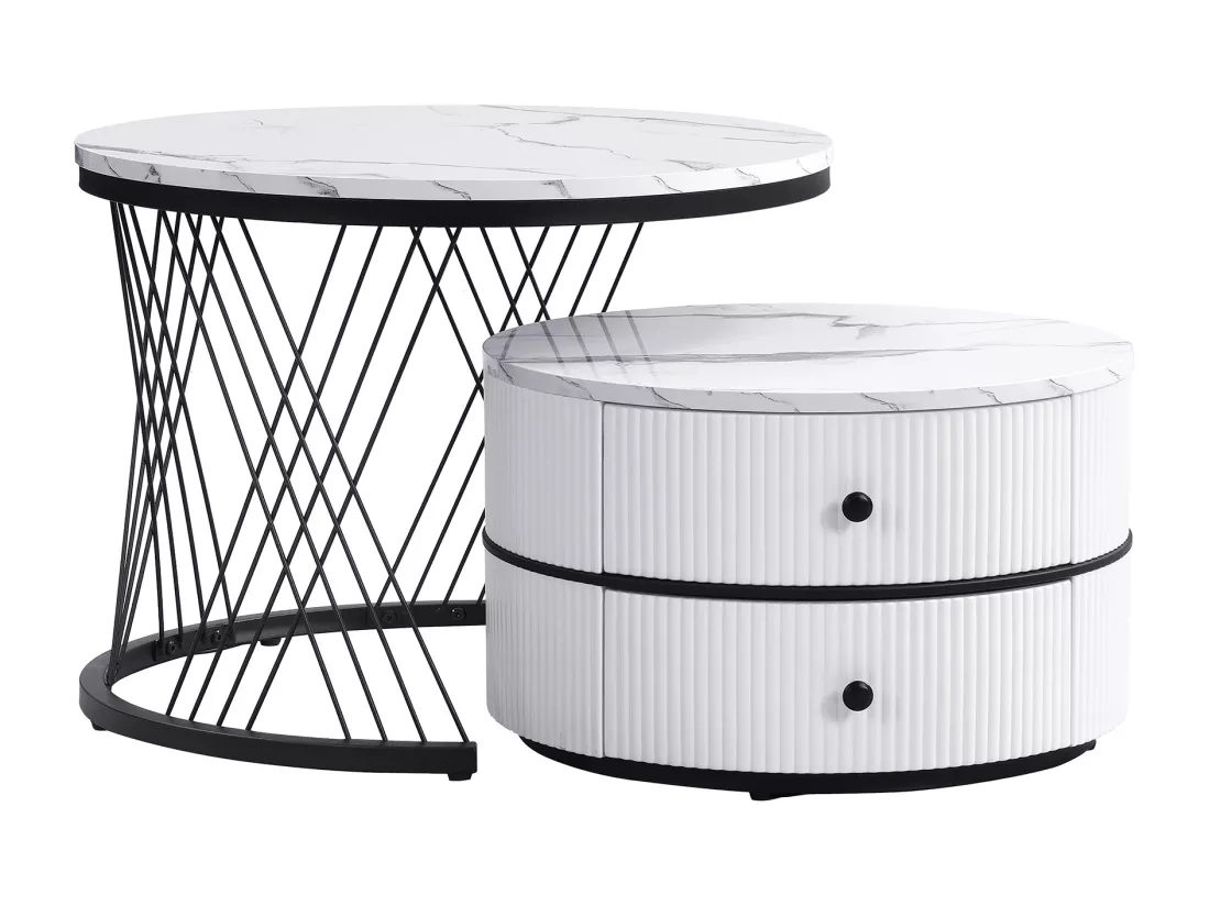 Lot de 2 tables gigognes - 2 tiroirs - plateau à motif de marbre - Blanc & Noir
