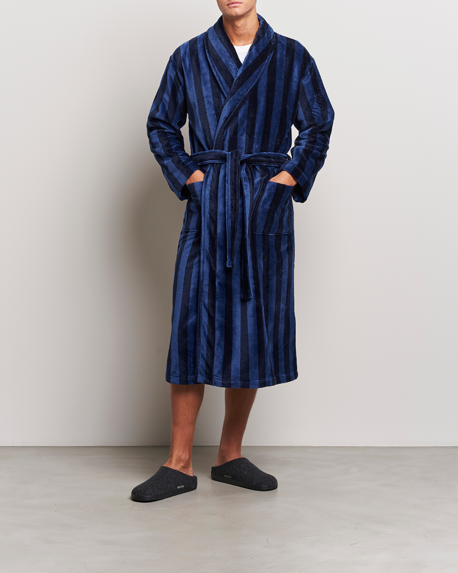 Derek Rose Striped Cotton Velour Gown Navy