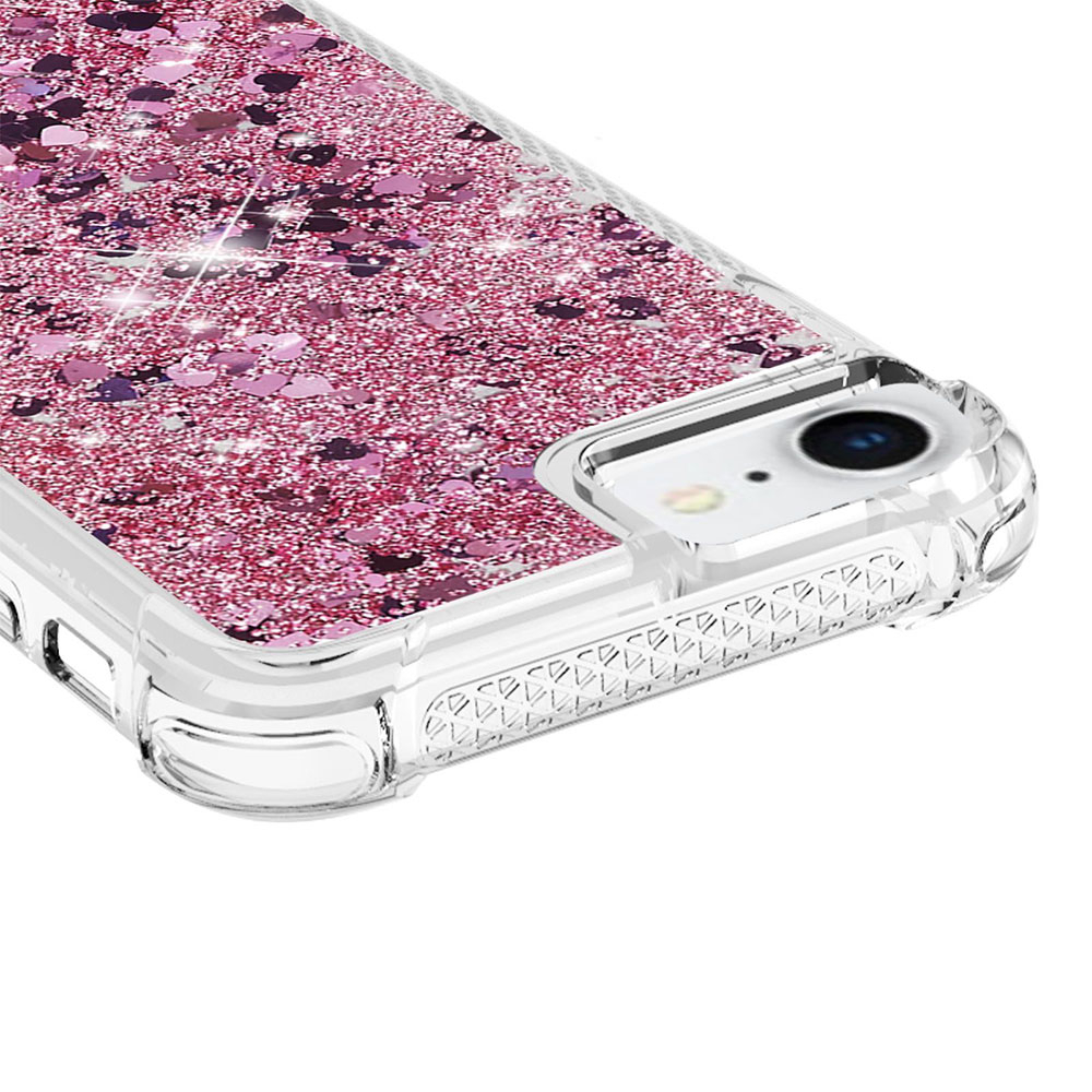 iPhone SE (2022/2020) / 8 / 7 Gummi Hülle mit Air Cushion Fallschutz Liquid Case Glitzer Herzen - Transparent / Pink