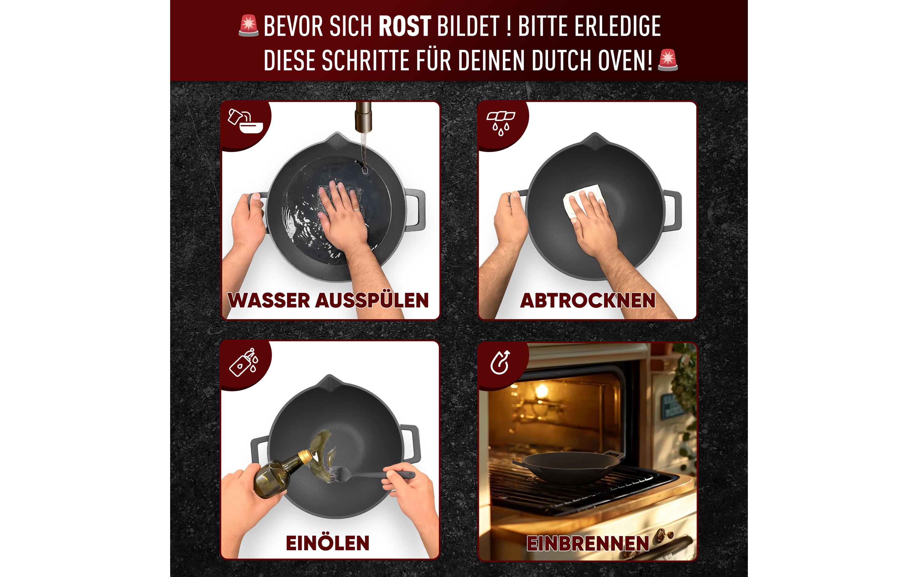Wok 35 cm mit Reiniger, HandschuheGusseisen-Wok mit Edelstahl-Ringreiniger und hitzebeständigen Handschuhen