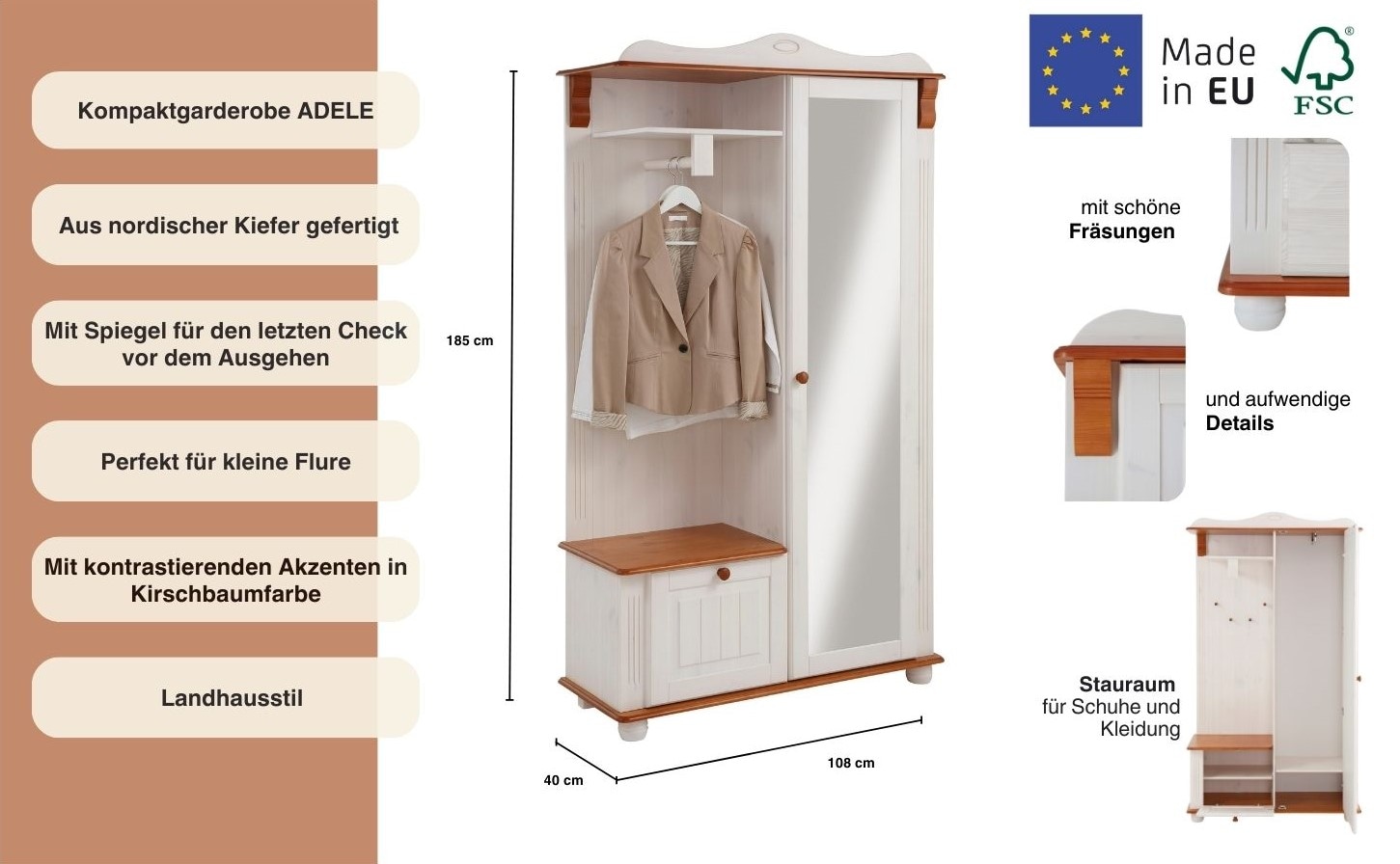 Home affaire Kompaktgarderobe »Adele« Breite 108 cm, mit Spiegeltür, aus massiver Kiefer, FSC®