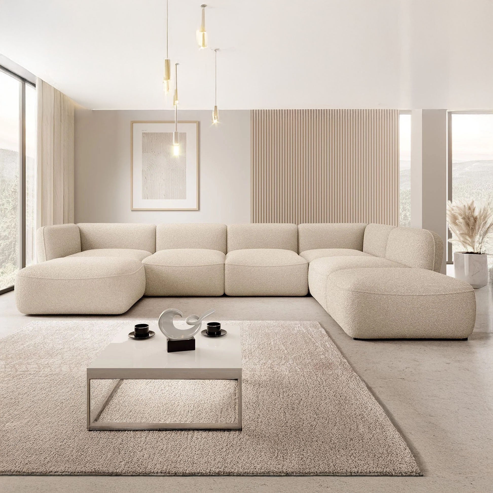 Caesar - Hoekbank 5-zits met chaise longue - Teddystof beige - Rechts - 372x218x75 cm