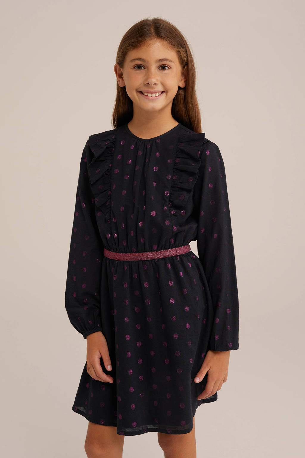 WE Fashion jurk met stippen en ruches zwart/roze