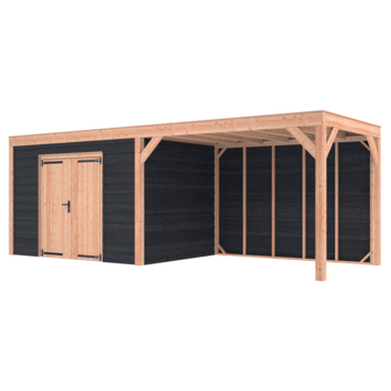 Tuinhuis met overkapping Douglas hout Zweeds rabat onbehandeld zwart 695 x 255 cm