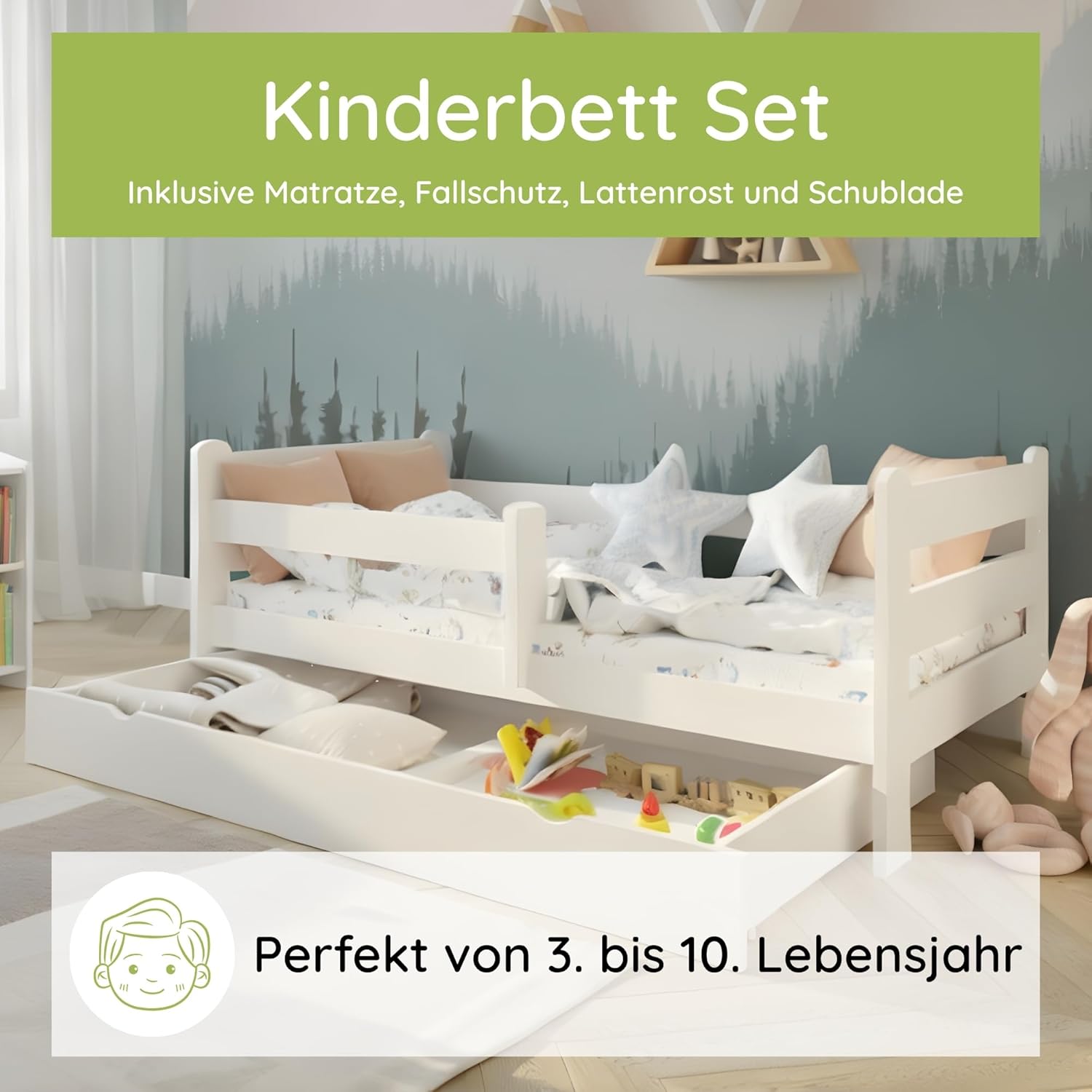 Kids Collective Kinderbett 80x160 cm Kinder Bett Jugendbett Juniorbett | Mit Rausfallschutz, Schublade & Matratze | Komplett-Set | 80×160 cm von 3. bis 10. Lebensjahr | Weiß
