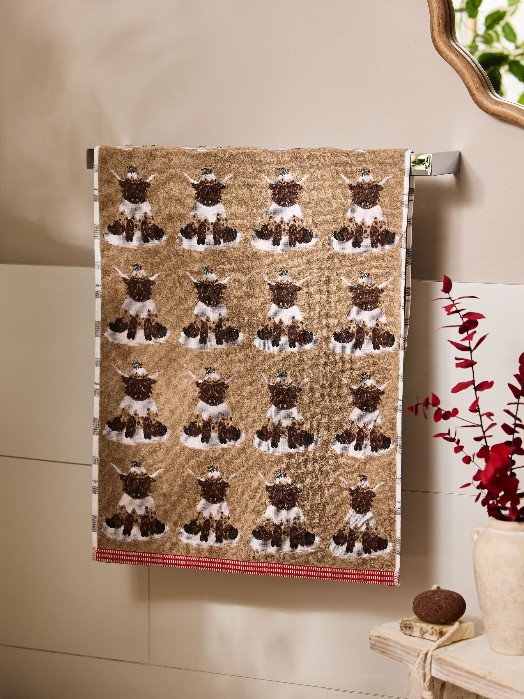 Kerstmis Hamish The Highland Cow katoenen handdoeken