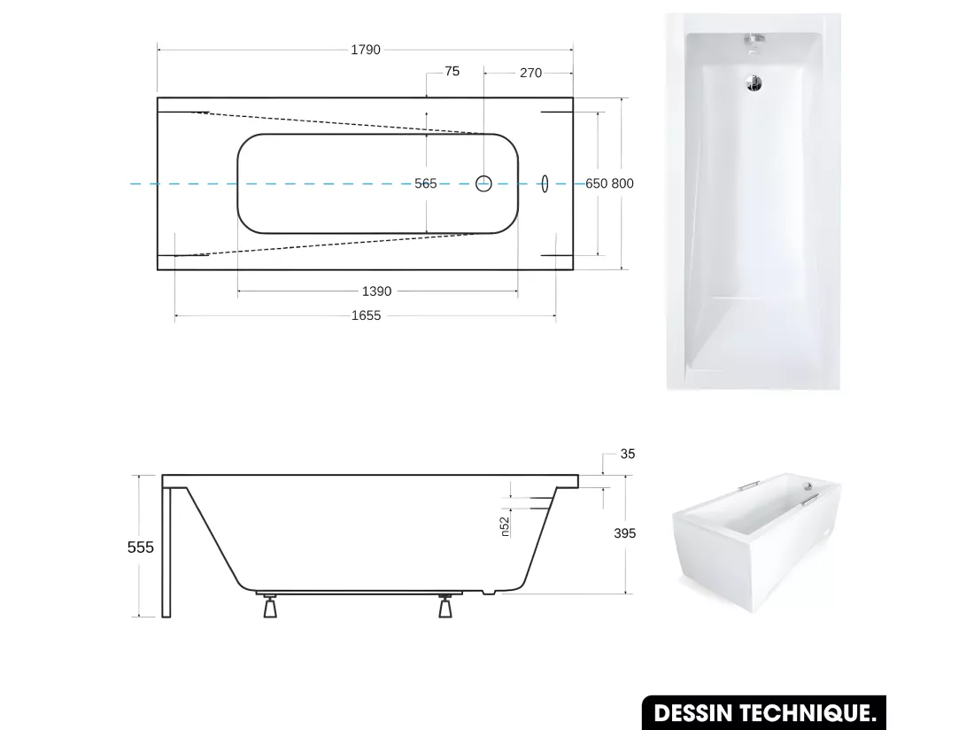 Baignoire rectangulaire - avec Tablier Blanc et Repose Tête OFFERT | MODERN | 180 x 80 cm
