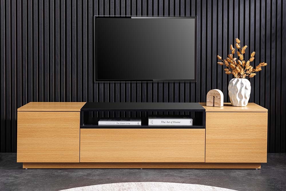 Modernes TV-Board LOFT 160cm natur schwarz drei Fächer mit Schublade