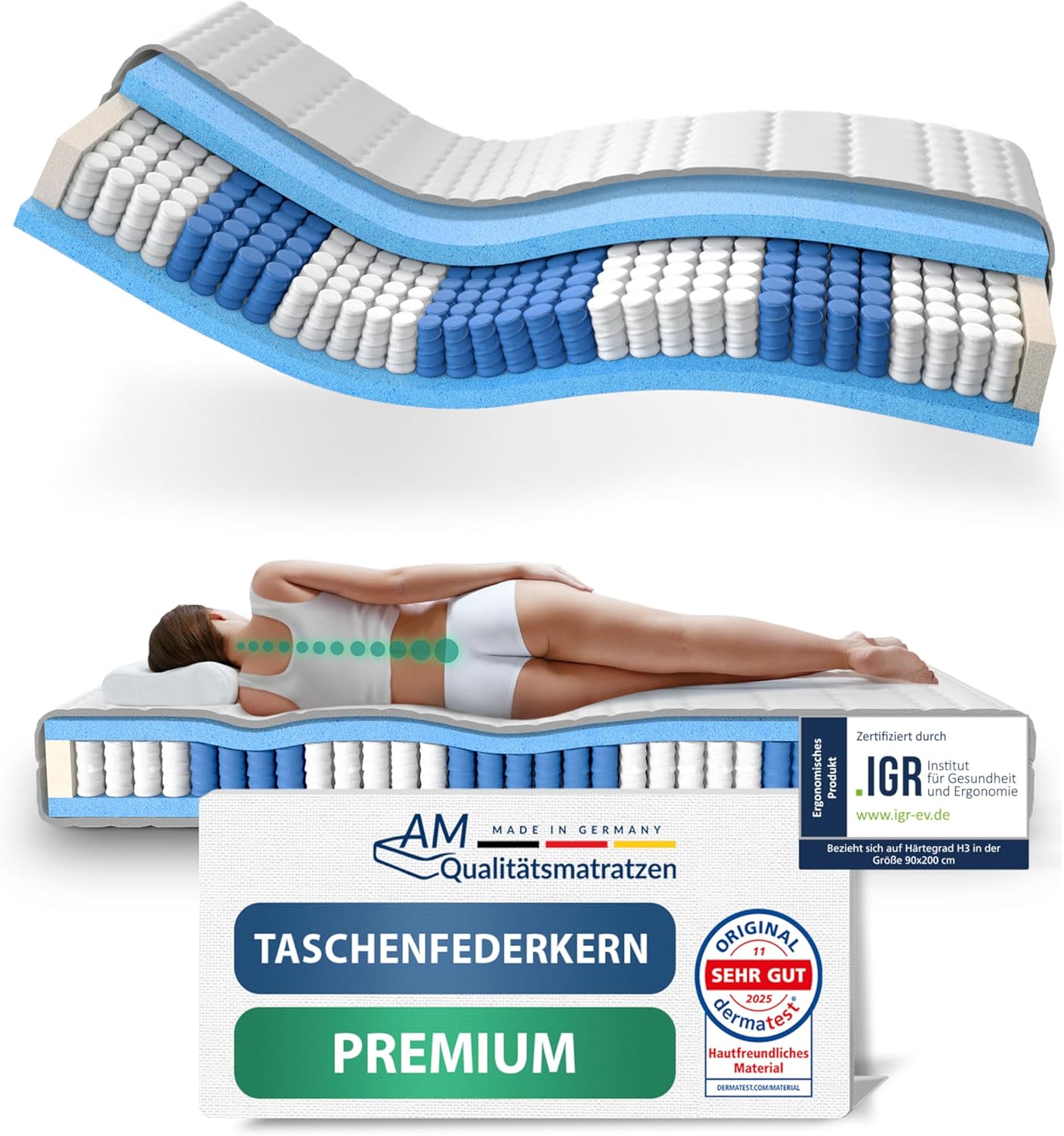AM Qualitätsmatratzen Premium Taschenfederkernmatratze 80x200cm H3 24cm - Made in Germany & Oeko TEX Siegel - 7 Zonen Federkernmatratze 80x200 mit Lyocell Bezug - Orthopädische Matratze 80x200 H3