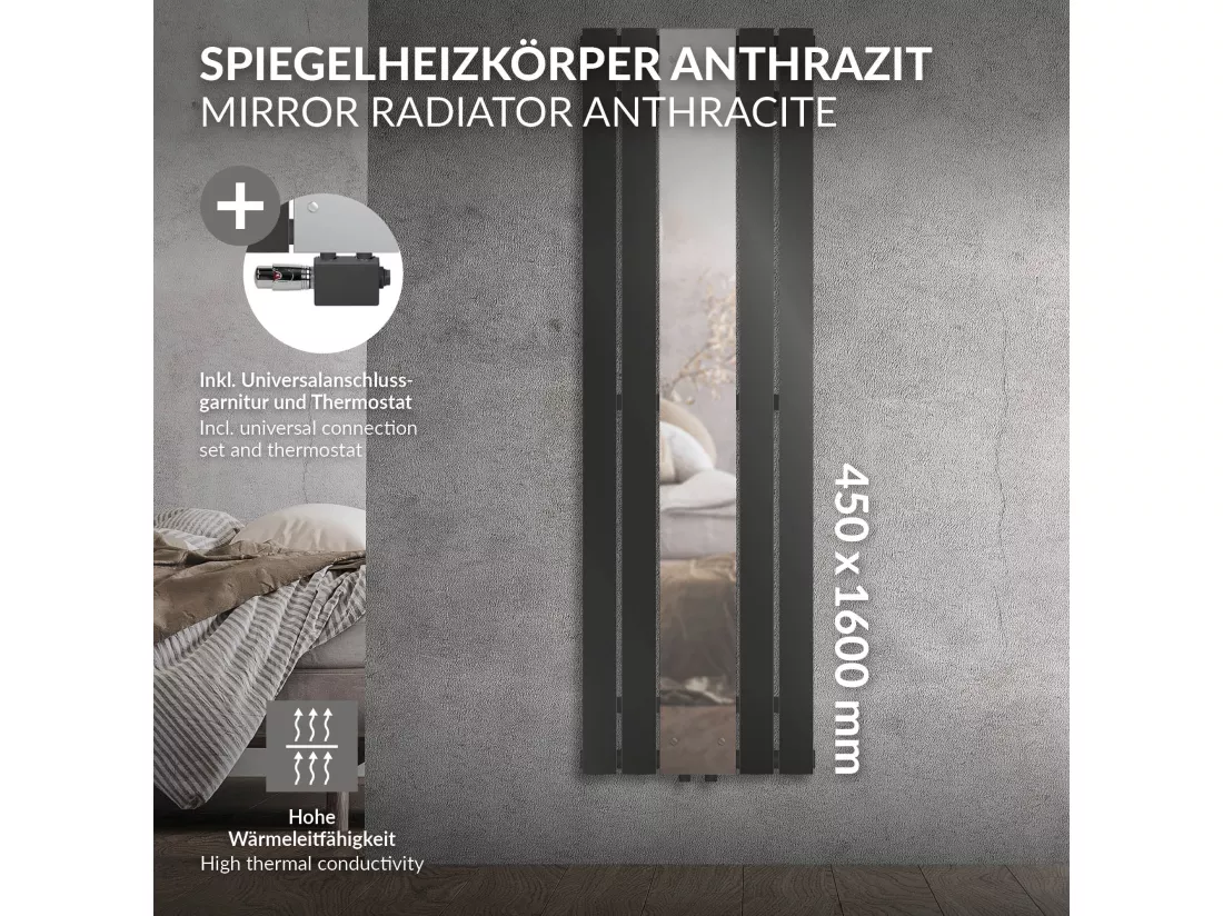 Radiateur plat anthracite 45x160 cm avec miroir et kit raccordement universel
