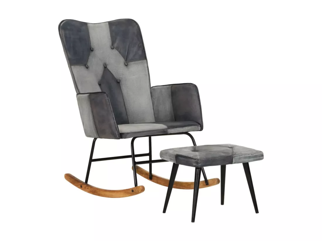 Chaise à bascule et repose-pieds Gris Cuir véritable et toile